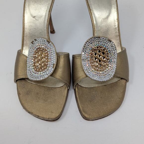 Stuart Weitzman Slip On Rhinestone Trimmed Heel Sandals Gold Size 8 - Picture 3 of 12